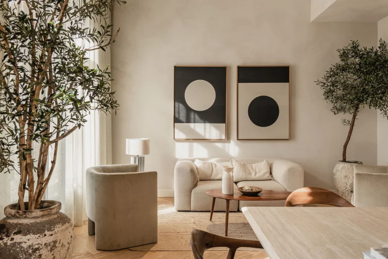 The room of a coaching practice in Amsterdam showing a large couch, chairs and an olive tree in the background